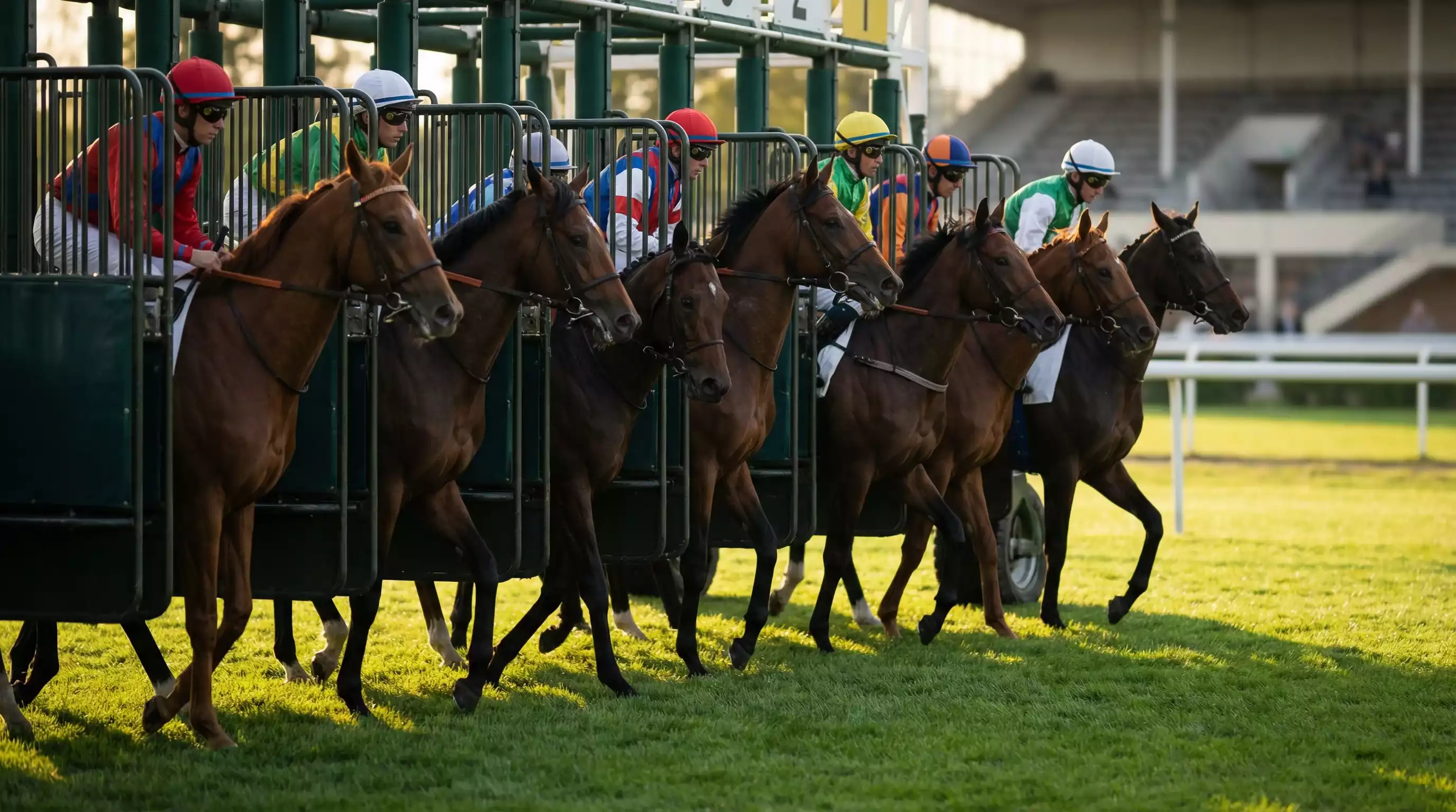 2 aus 4 Wette — Galopprennbahn mit Pferdefeld vor dem Start