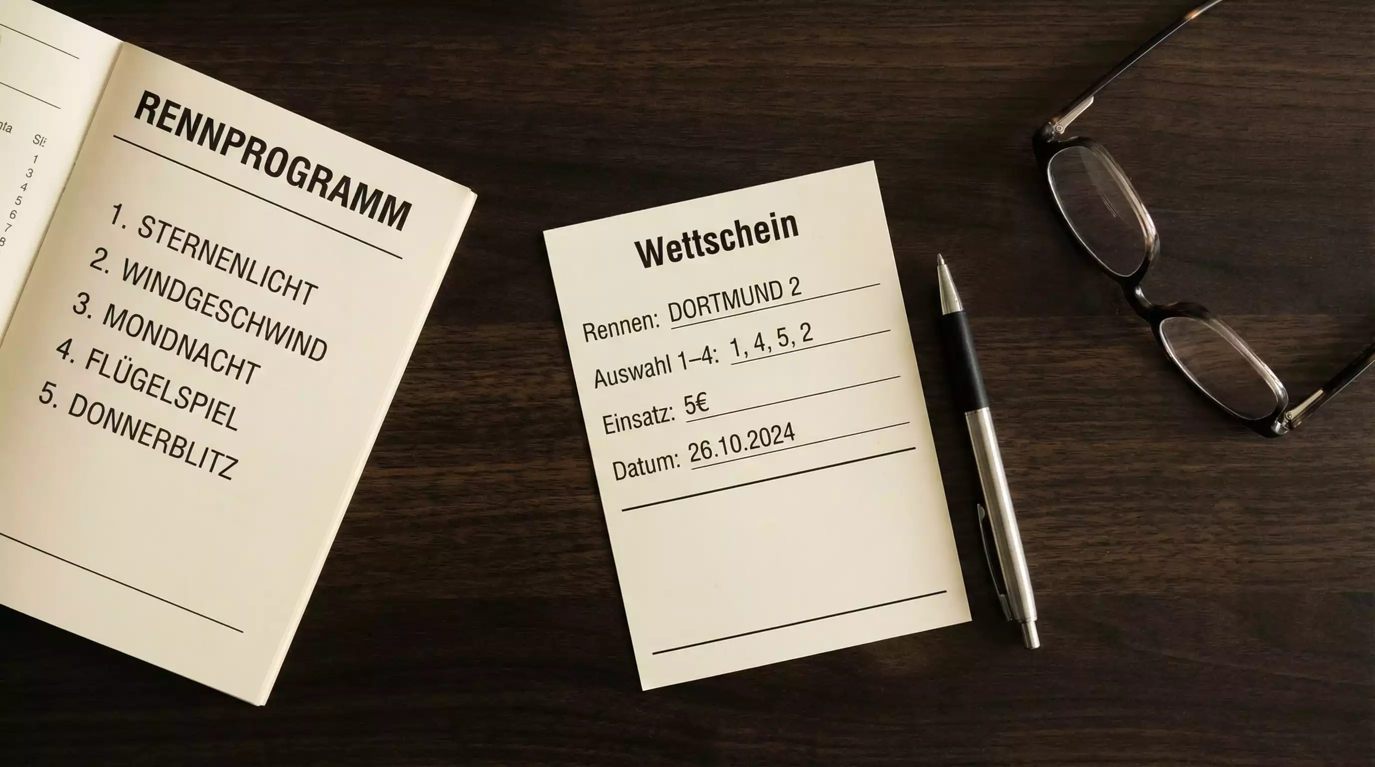 Wettschein für Pferdewetten auf einem Tisch neben einem Rennprogramm