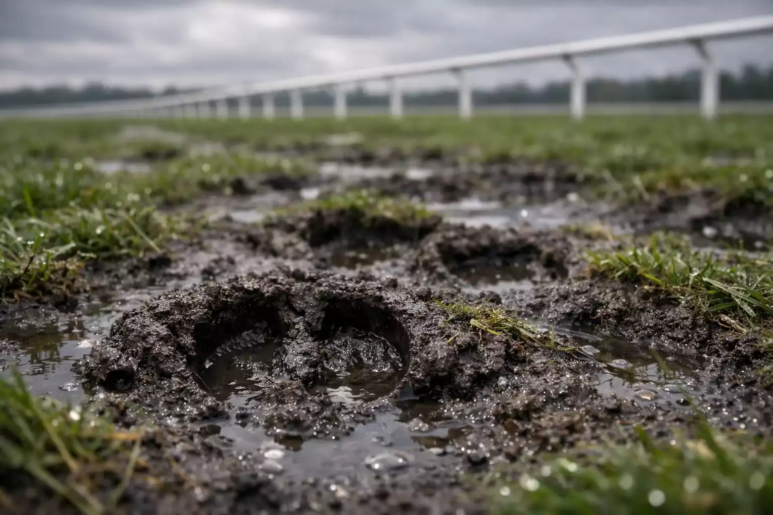 Aufgeweichte Grasbahn einer Galopprennbahn nach Regen mit Hufspuren im weichen Boden