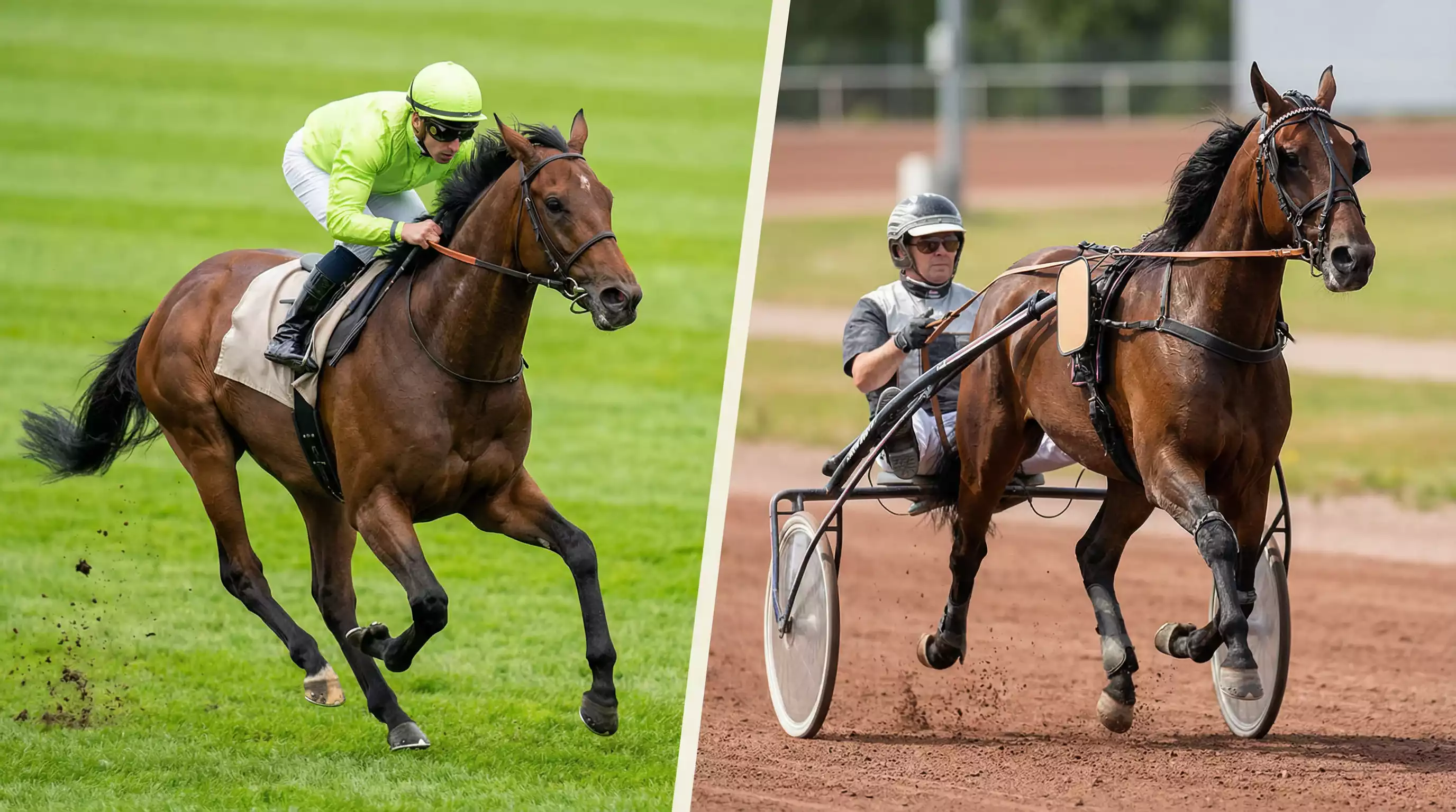 Galopppferd und Traber mit Sulky nebeneinander auf getrennten Bahnen