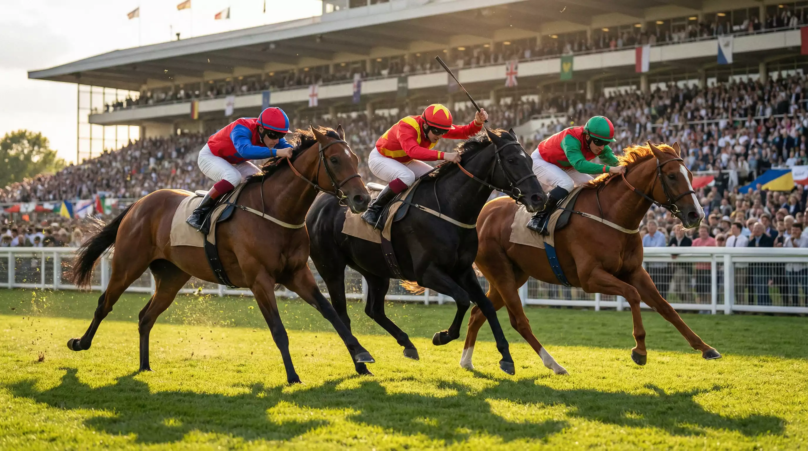 Enges Galopprennen-Finish mit mehreren Pferden auf einer großen Rennbahn vor voller Tribüne