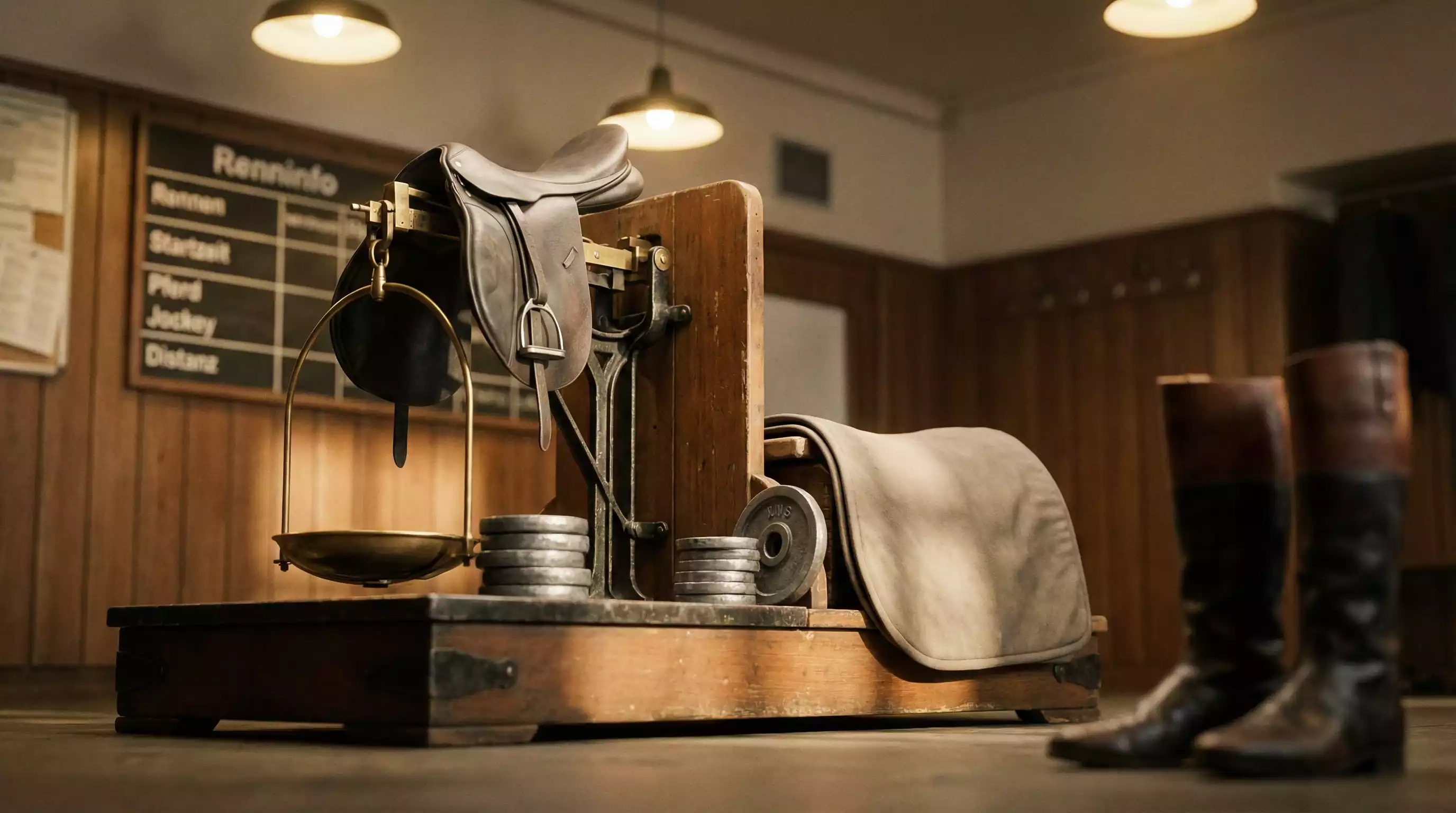 Sattelwaage im Jockeyraum einer Galopprennbahn mit Gewichtsplatten und Sattel