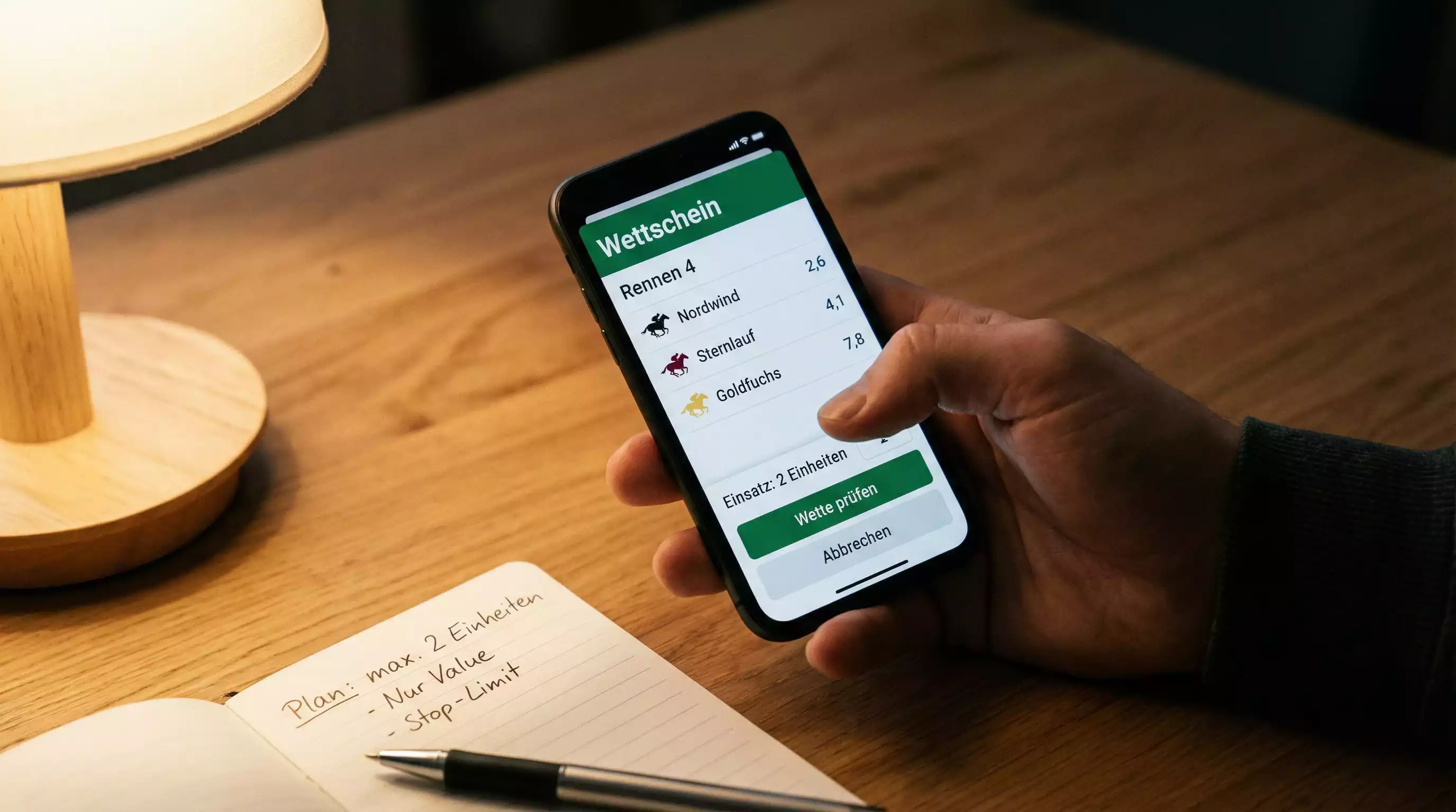 Hand hält ein Smartphone mit einem Wettschein neben einem Notizbuch mit Stift auf einem Schreibtisch