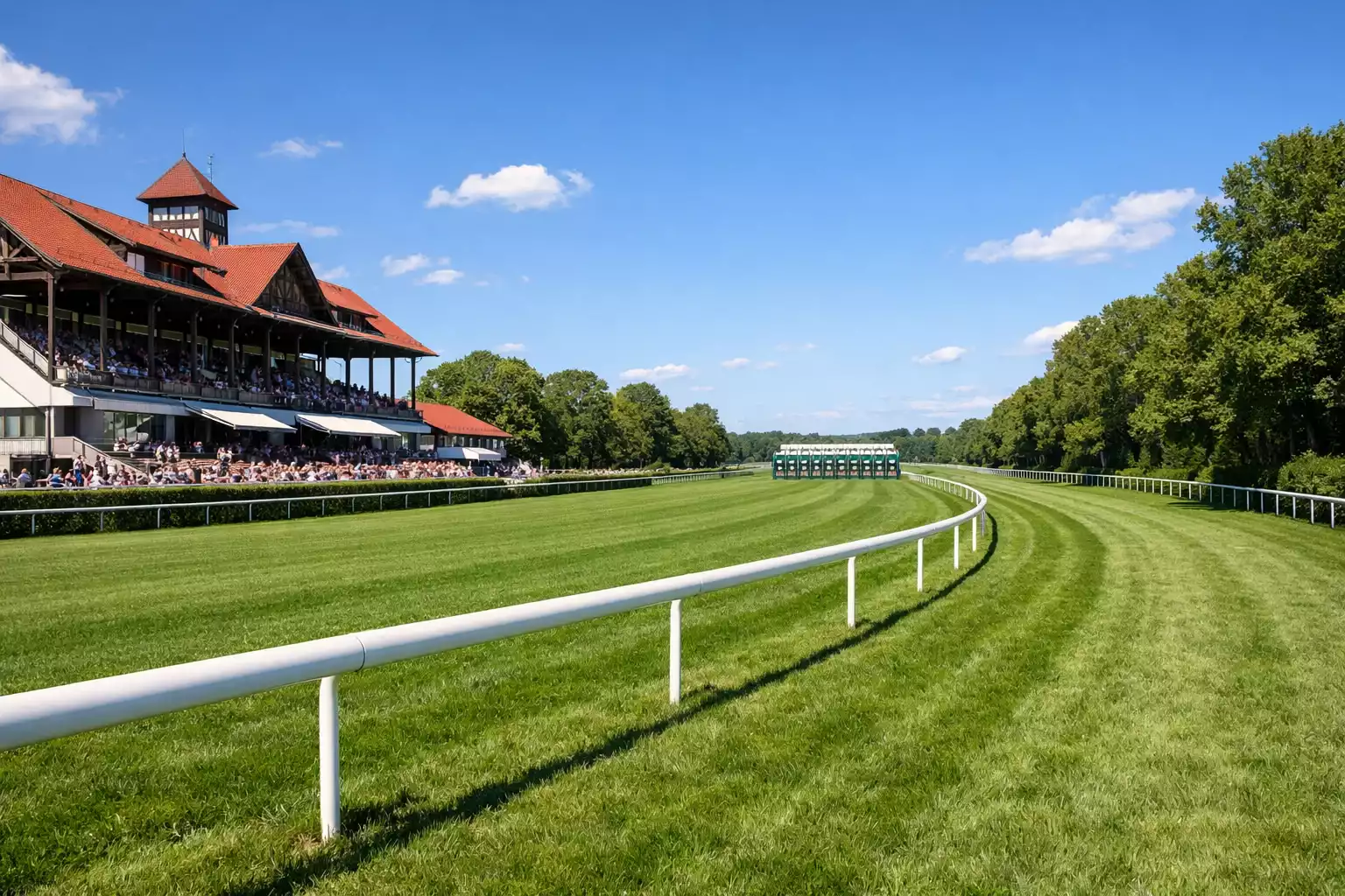 Panorama der Galopprennbahn Iffezheim mit Tribüne und grünem Geläuf