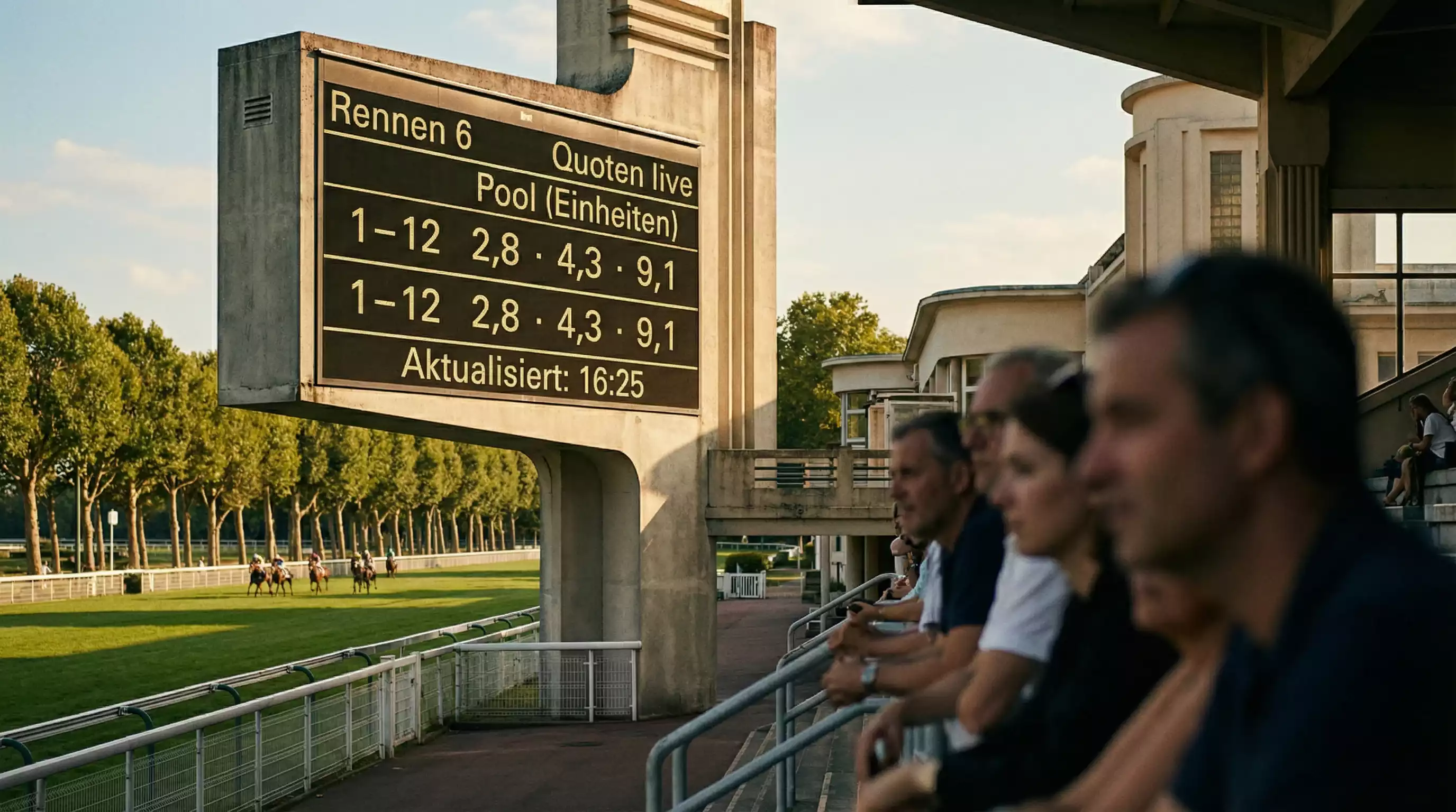 Französische Galopprennbahn mit Totalisator-Anzeigetafel und Zuschauern an der Bahn