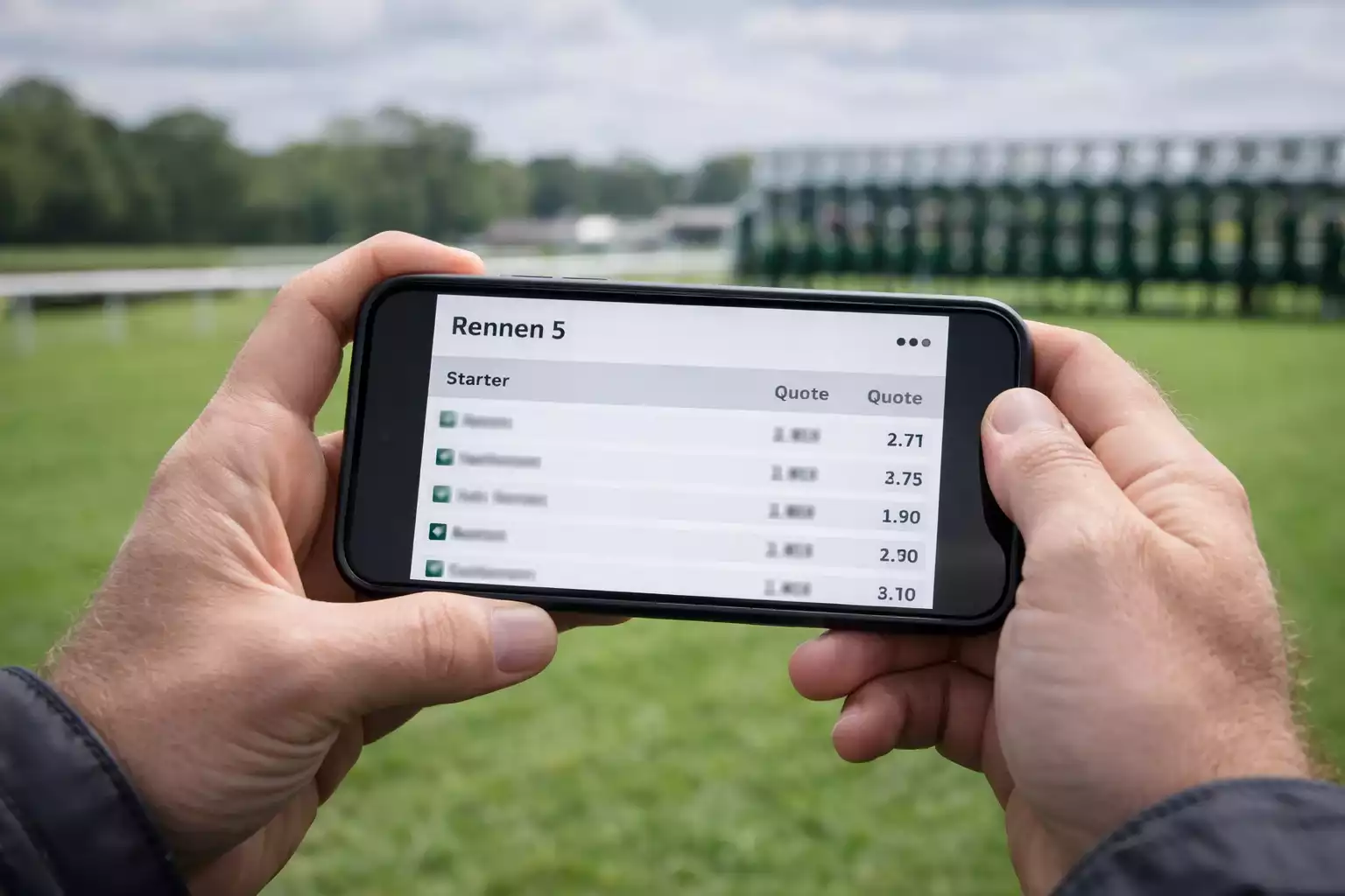 Pferdewetten online — Smartphone mit Wettschein und Rennbahn