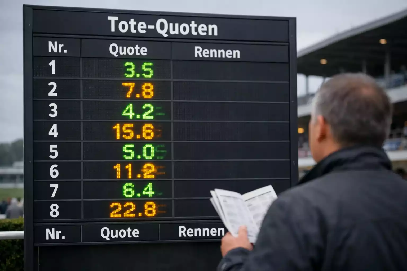 Pferdewetten Quoten berechnen — Quotentafel an der Rennbahn