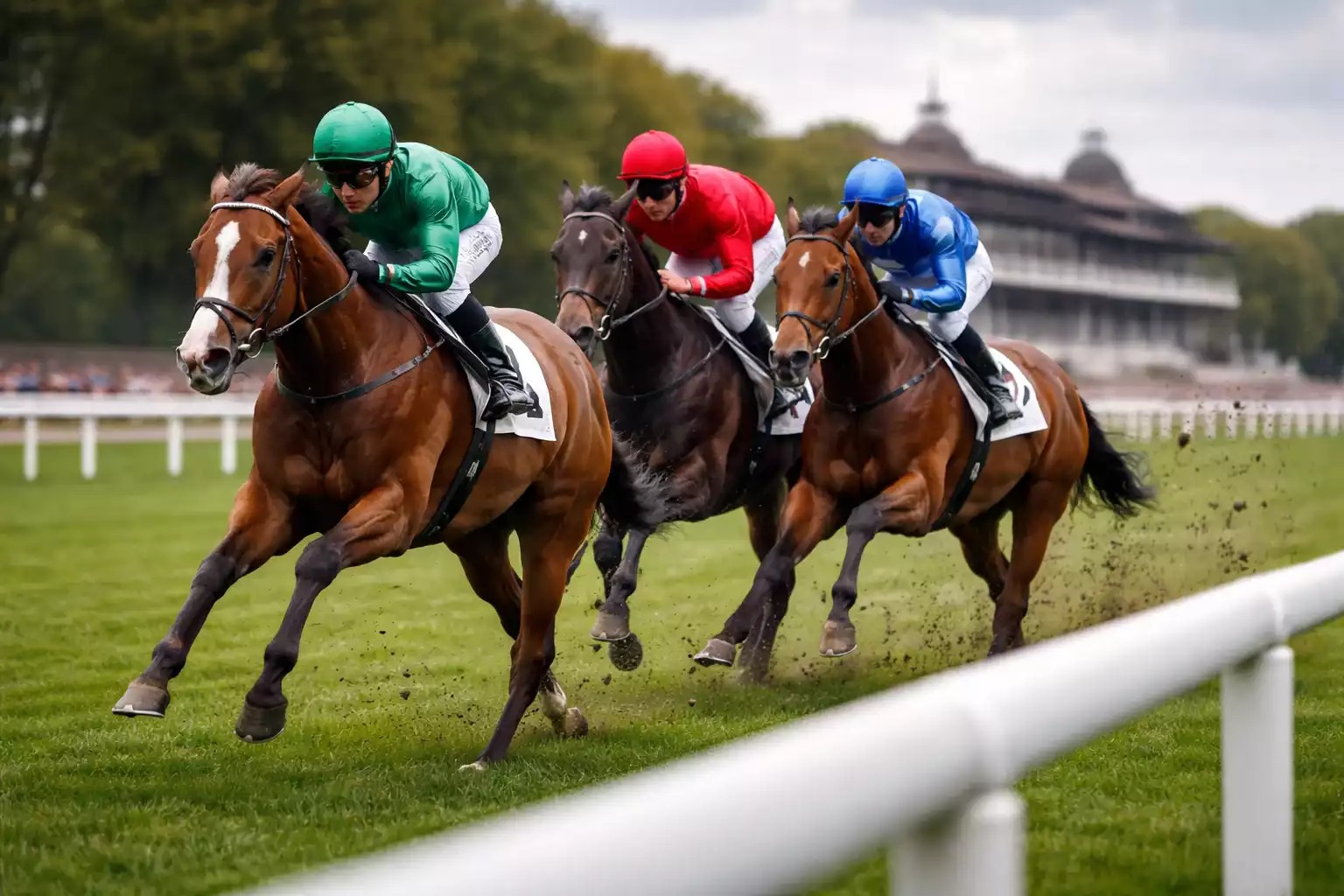 Zwei Galopprenner laufen gemeinsam auf den vorderen Plätzen ins Ziel