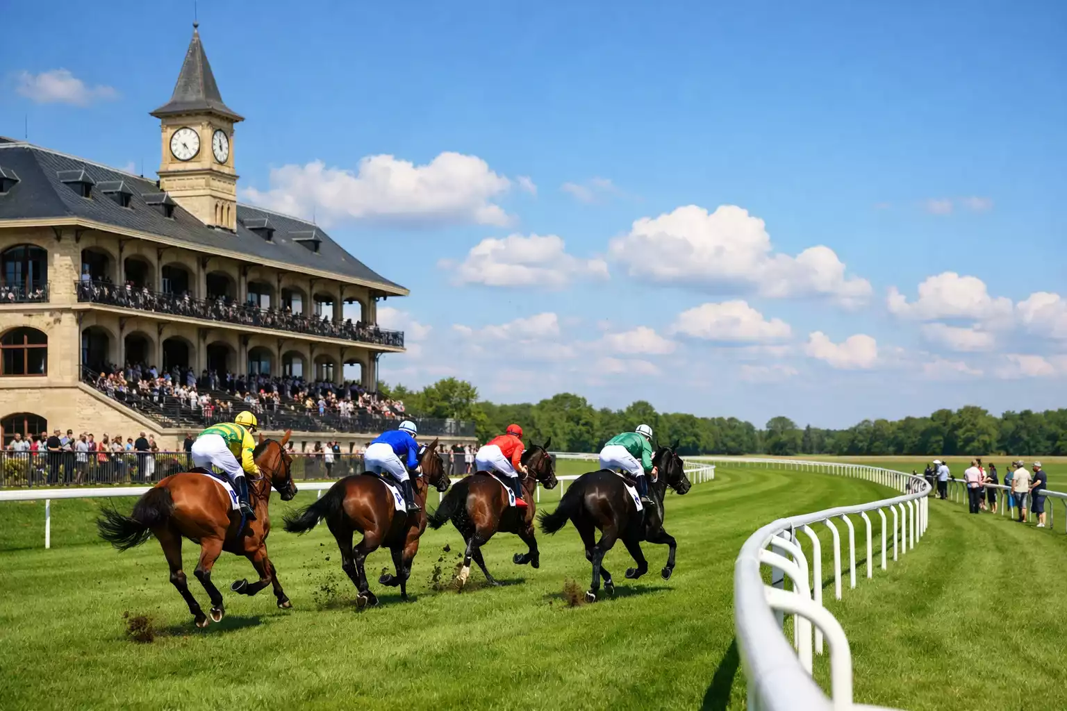 Französische Galopprennbahn mit Zuschauertribüne und Rennfeld