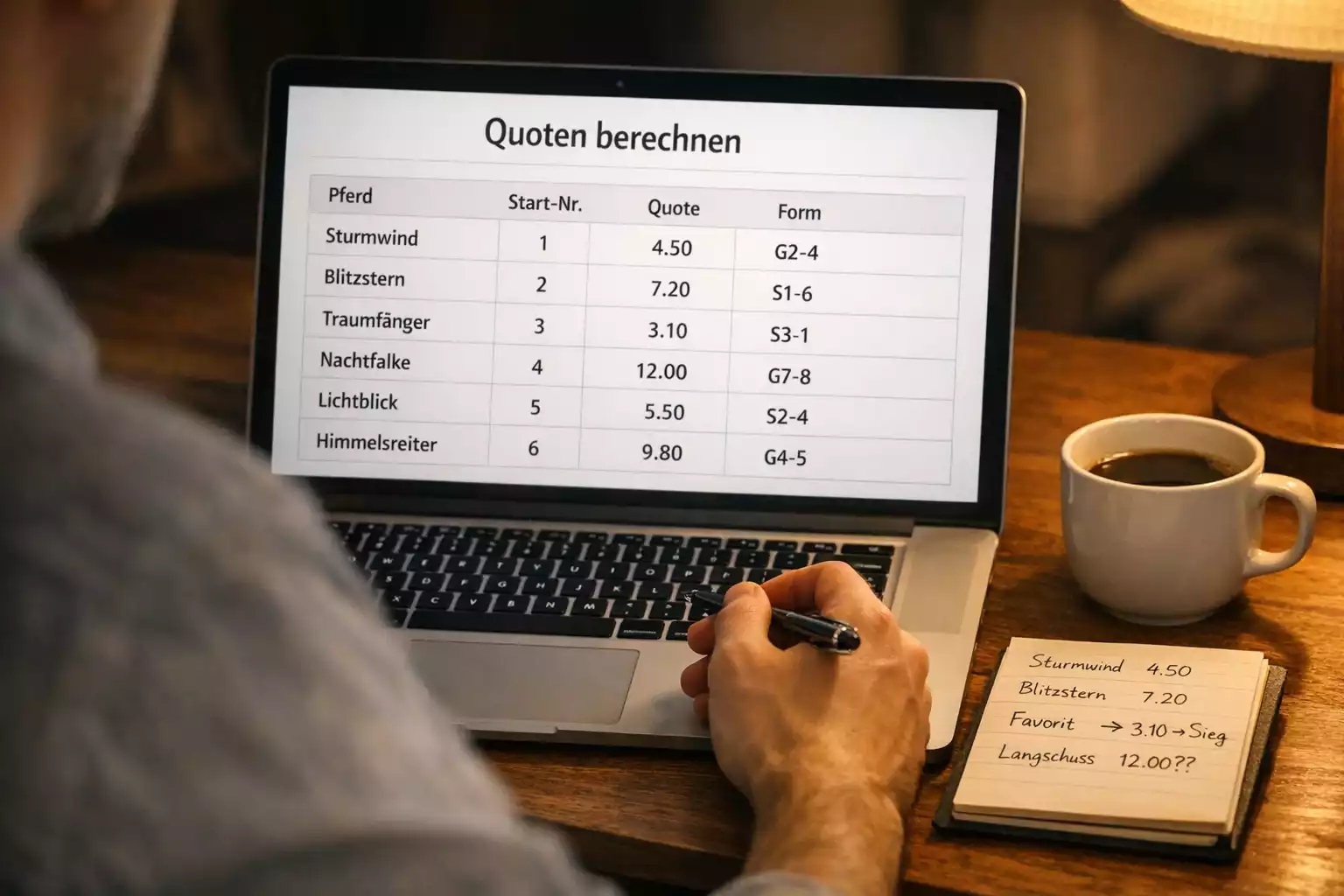 Person analysiert Pferdewetten-Quoten auf einem Bildschirm