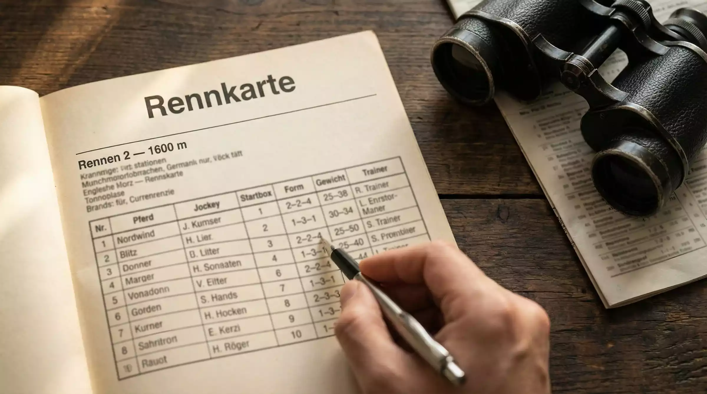 Rennkarte mit Formzahlen und Stift auf einem Tisch neben einer Galopprennbahn