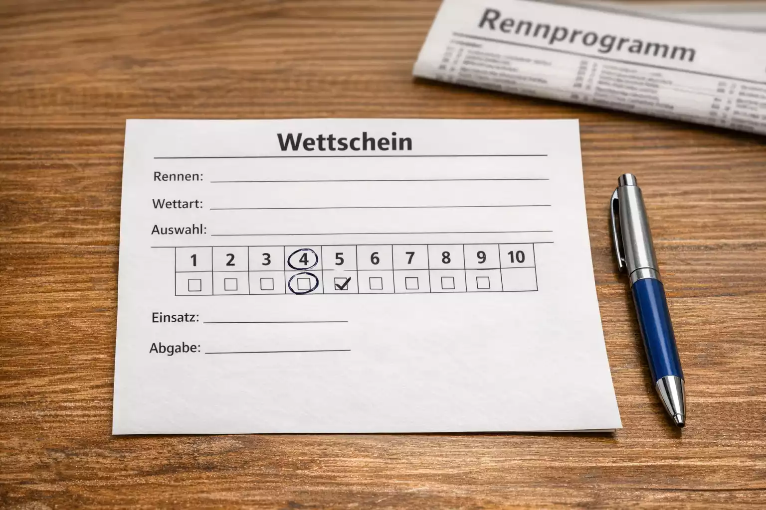 Wettschein mit mehreren Pferderennen-Auswahlen auf einem Tisch