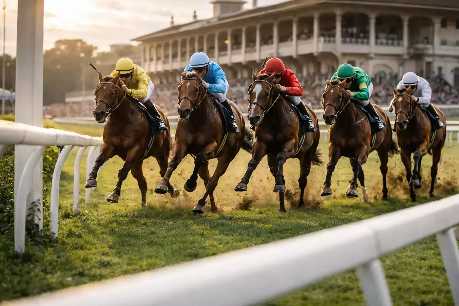 Rennpferde im Zieleinlauf auf einer französischen Galopprennbahn