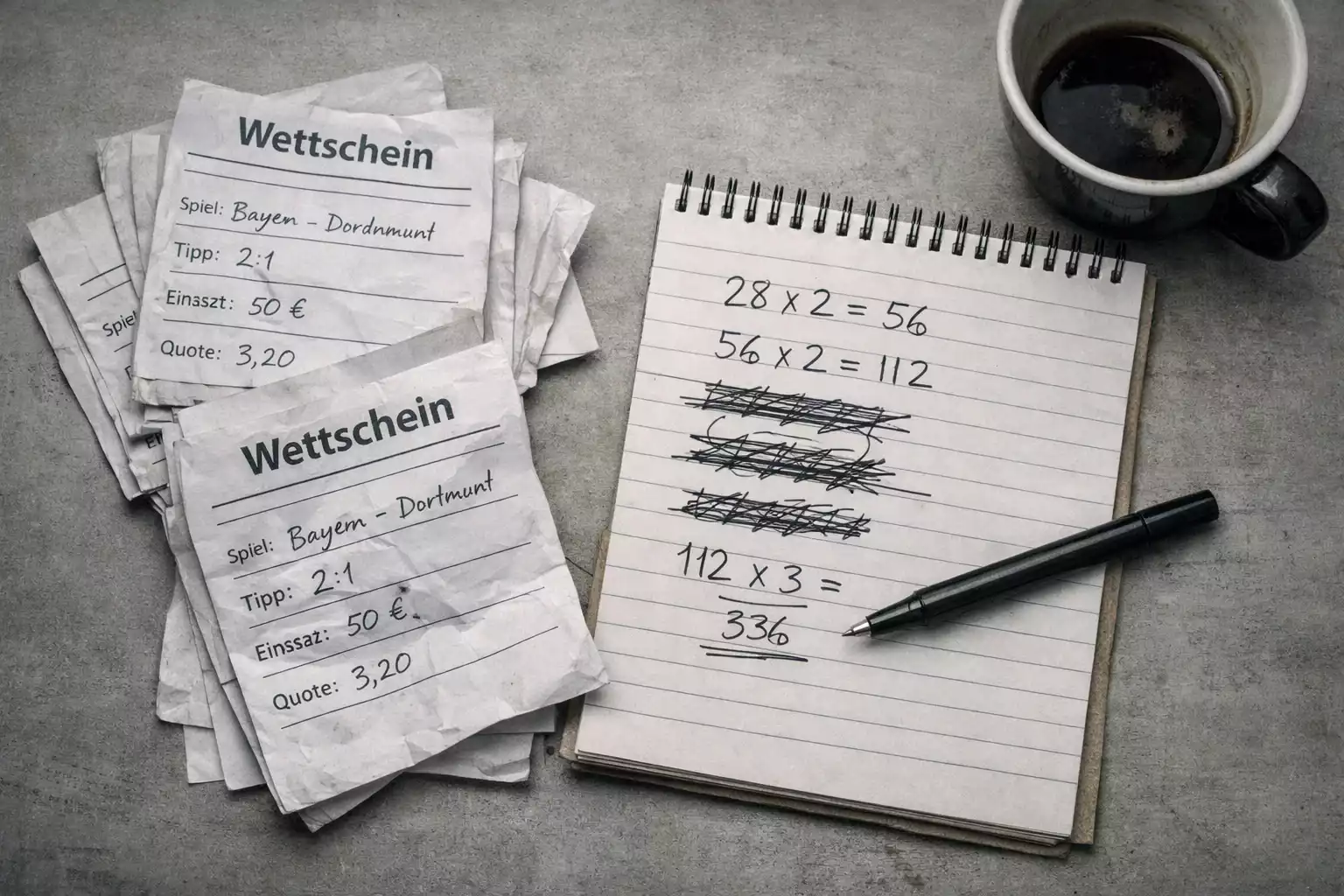 Gestapelte Wettscheine neben einem Notizblock mit Berechnungen