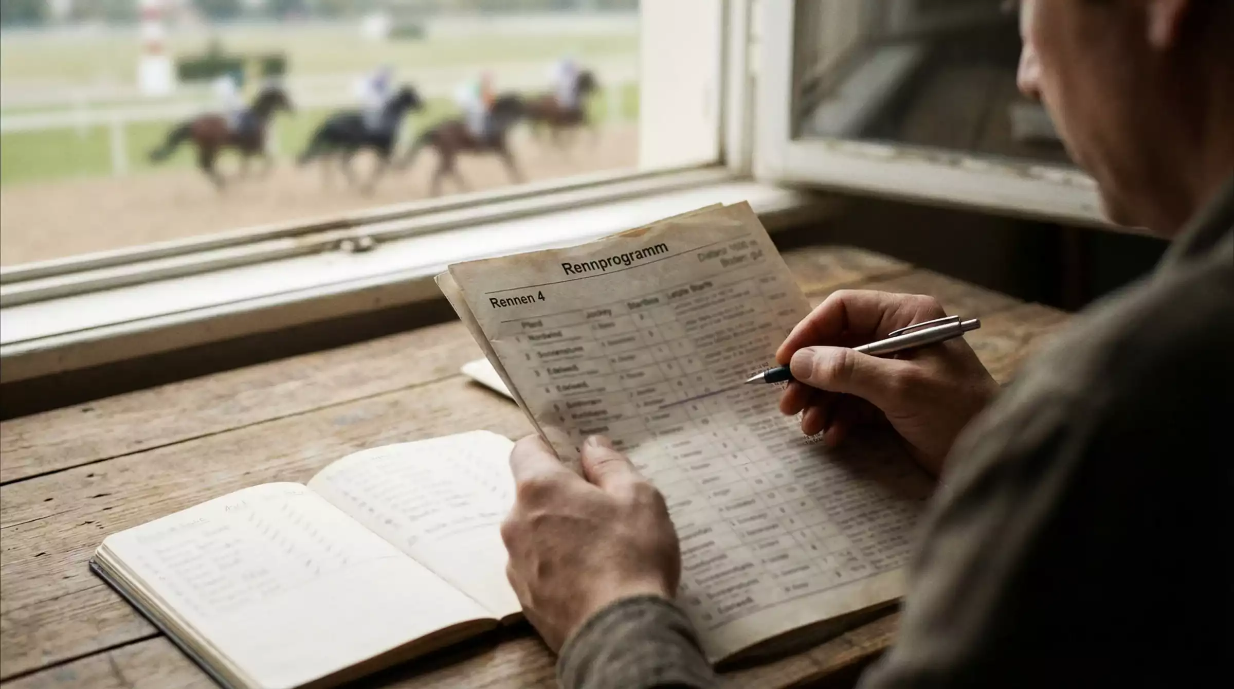 Analytiker studiert Rennprogramm und Formzahlen vor einem Pferderennen