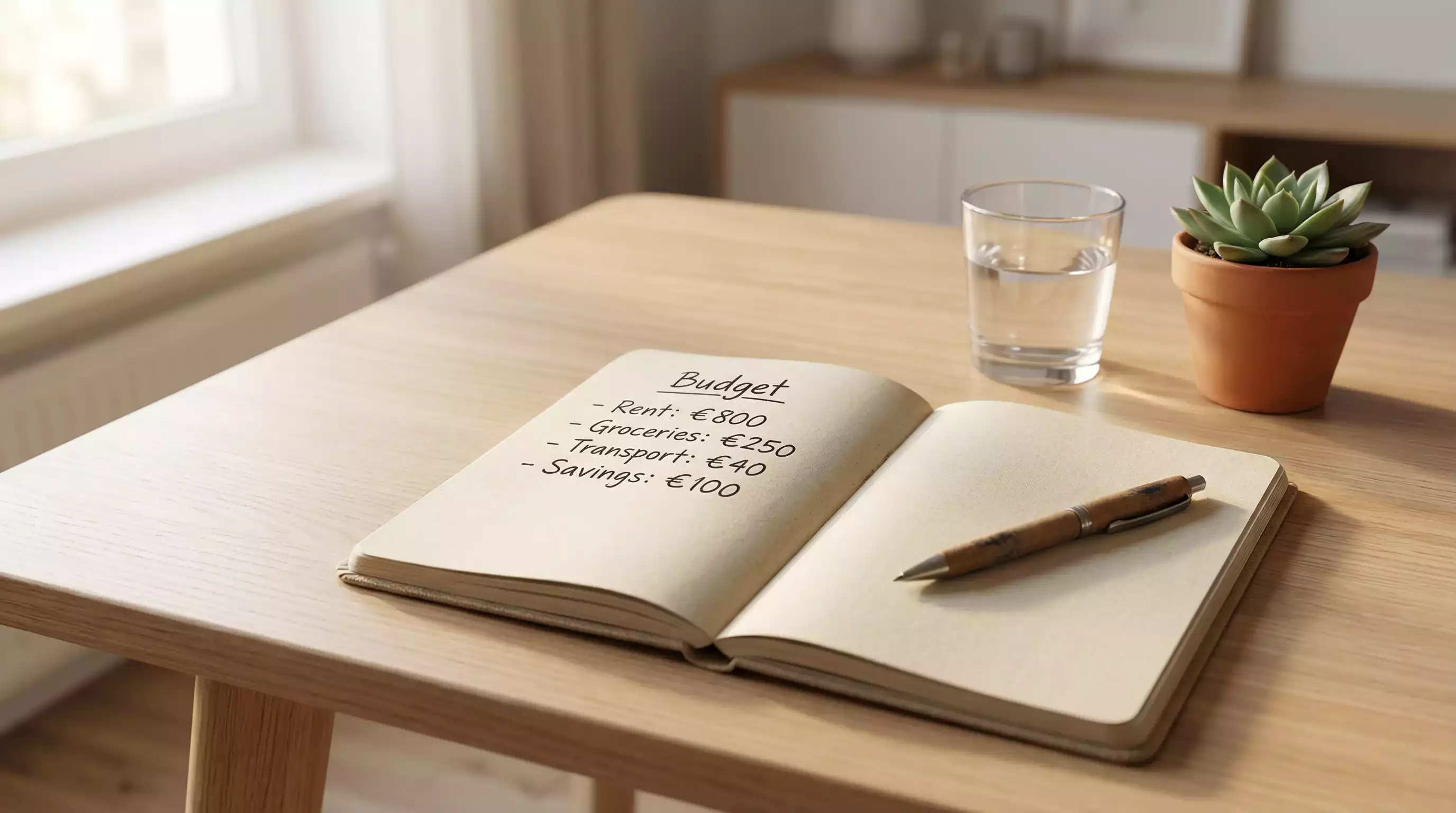 Notizbuch mit Stift und einer handgeschriebenen Budget-Planung auf einem ruhigen Schreibtisch