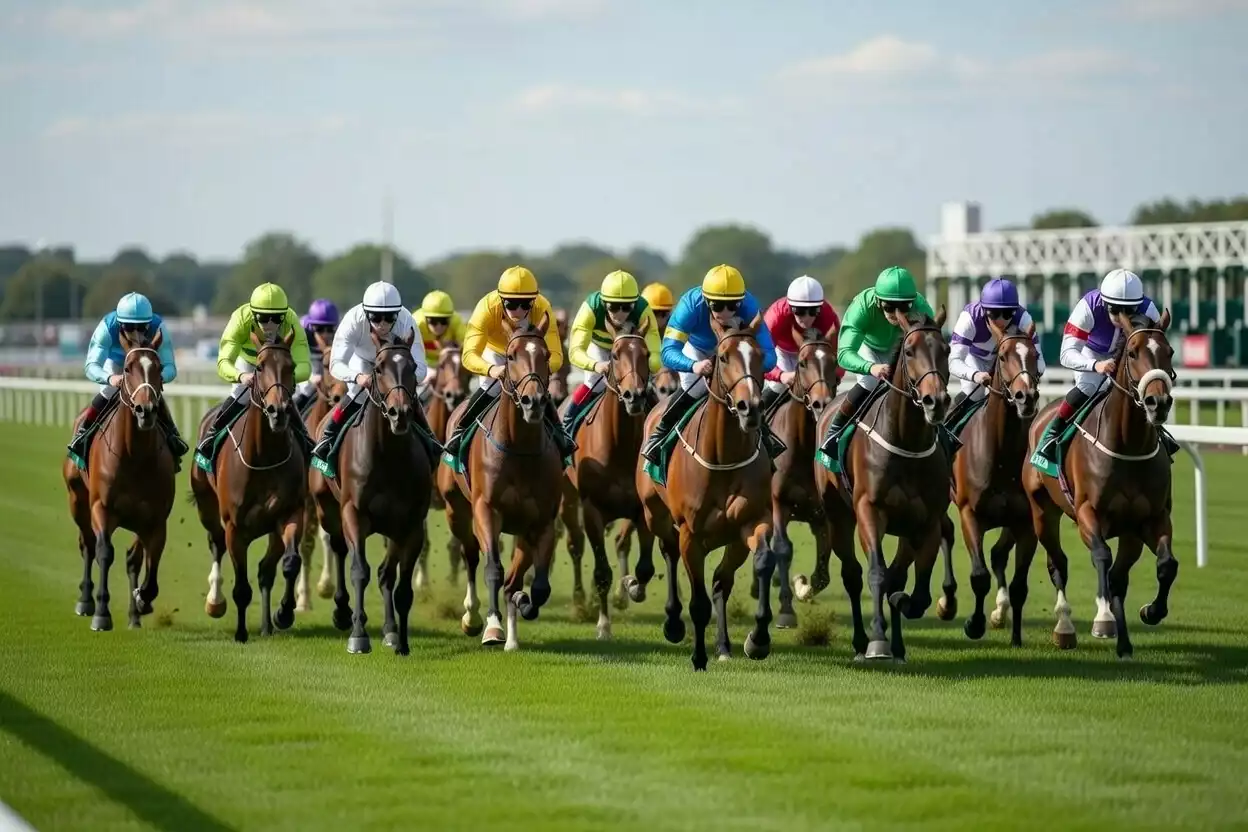Großes Starterfeld beim Galopprennen aus der Vogelperspektive