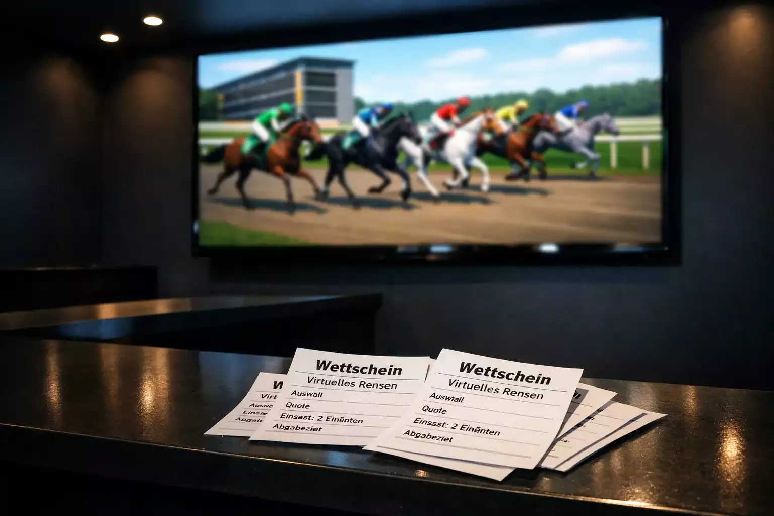 Großer Bildschirm mit einer animierten Galopprennszene in einem Wettbüro