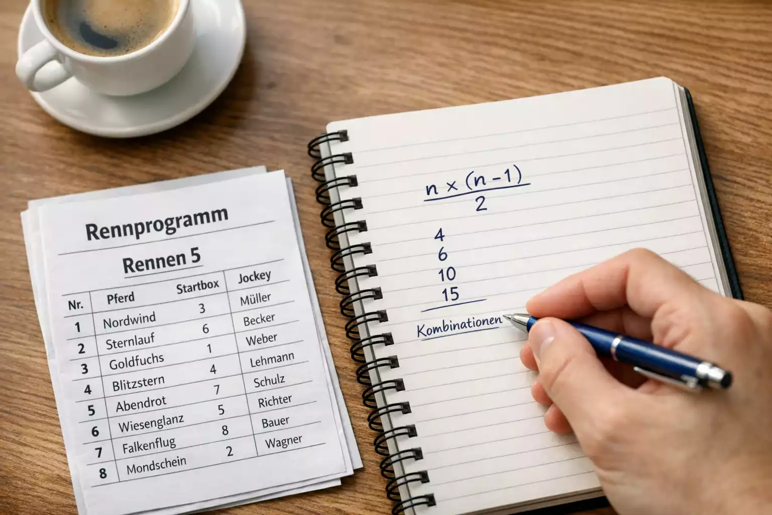 Person schreibt Berechnungen in ein Notizbuch neben einem aufgeschlagenen Rennprogramm